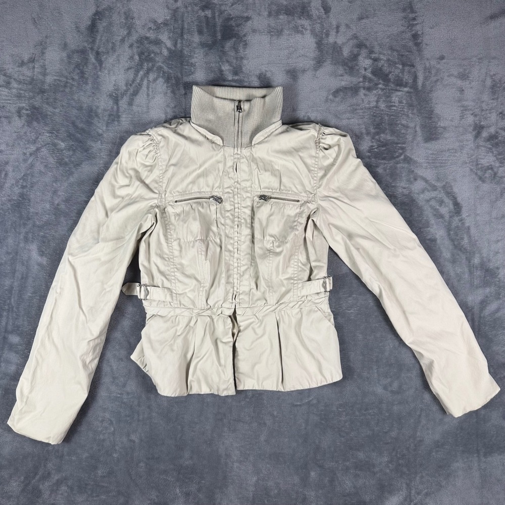 Armani Exchange Women Beige Utility Peplum Jacket Ribbed Mock Neck Size M - Picture 2 of 9